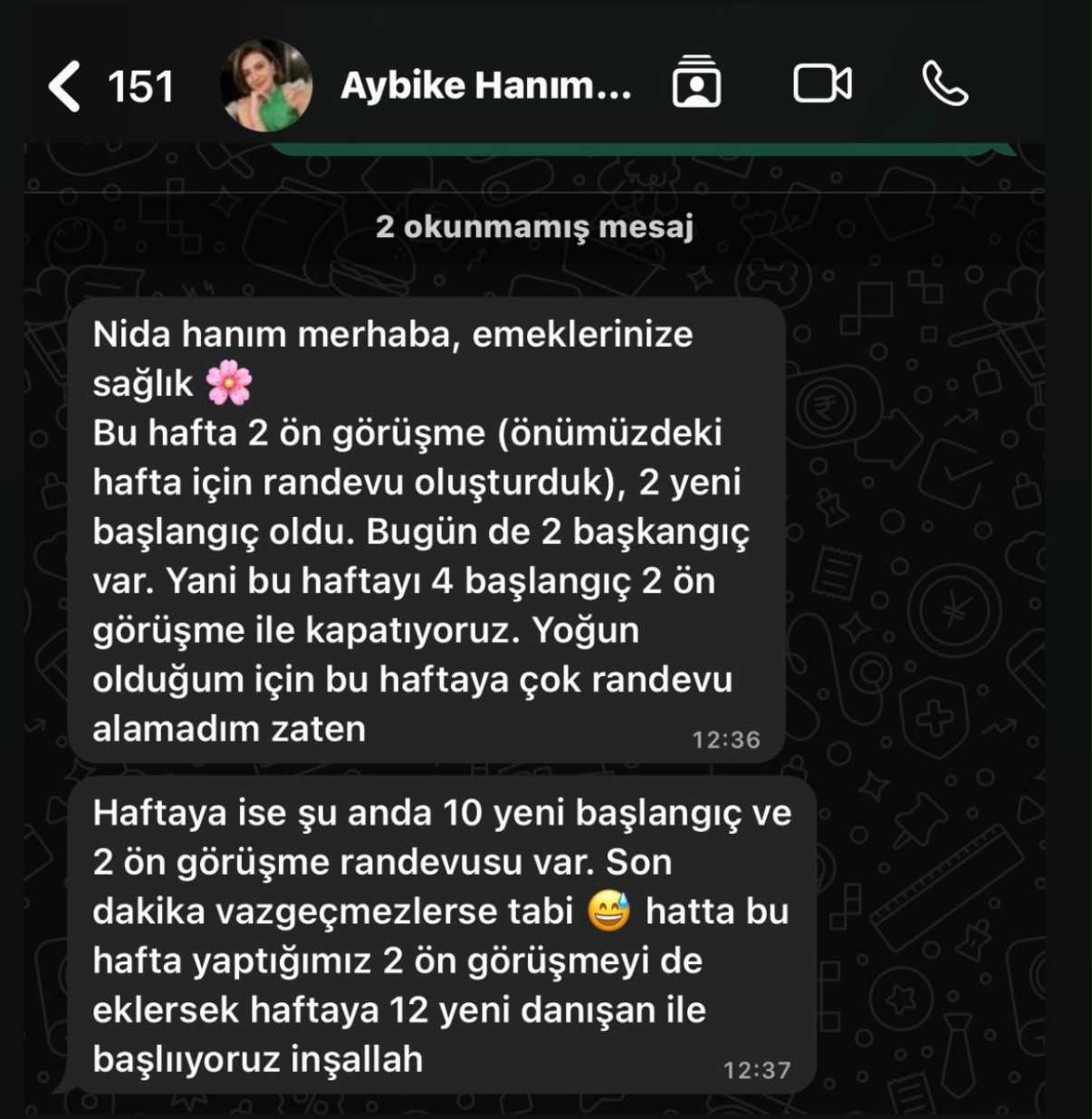 Aybike Hanım — haftaya 12 yeni danışan ile başlıyoruz